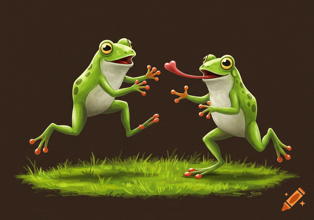 Two cartoon green frogs with red tongues happily leapfrogging on a patch of grass.