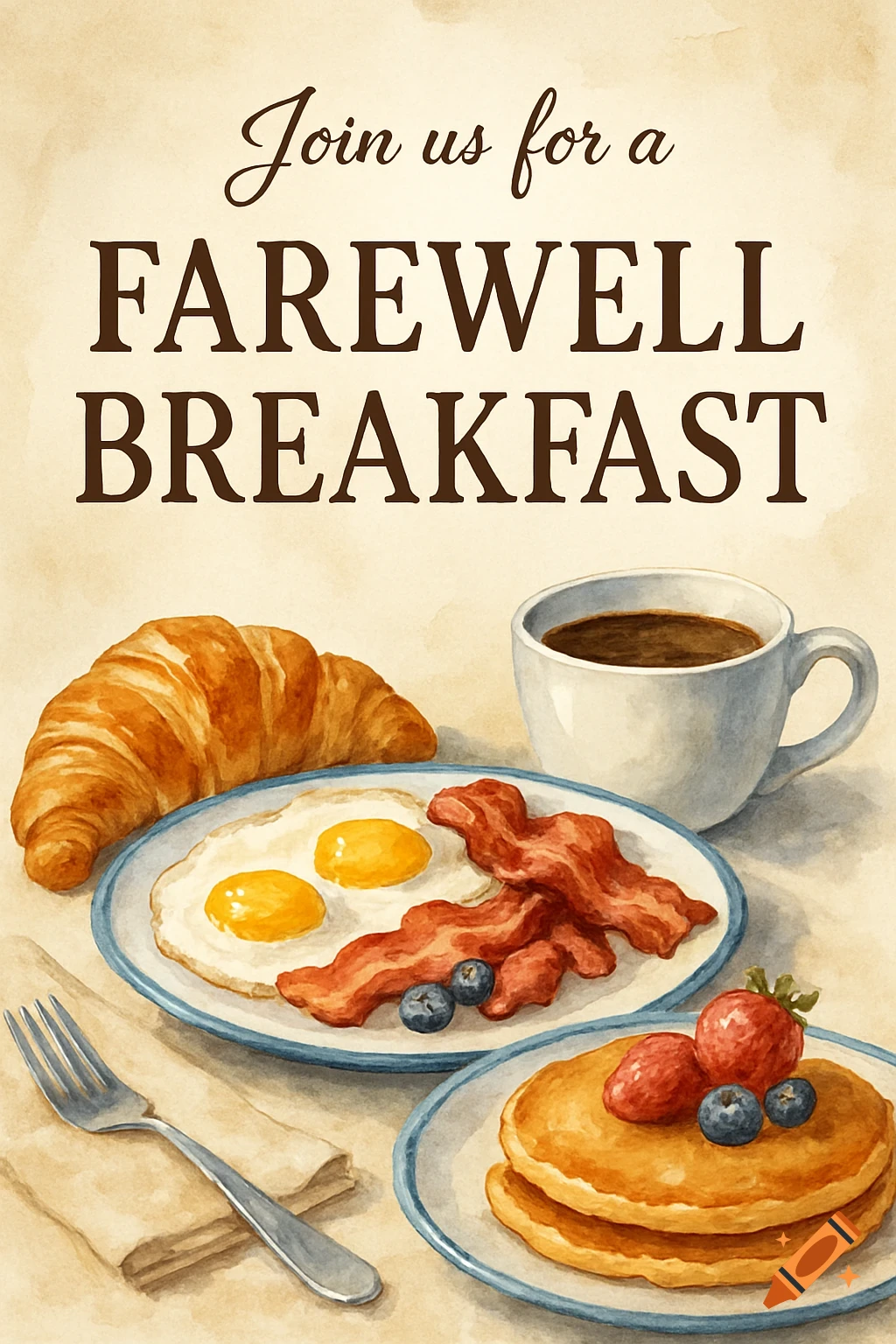 A watercolor illustration of breakfast food including eggs, bacon, pancakes, and a croissant, with the text 'Join us for a Farewell Breakfast'.