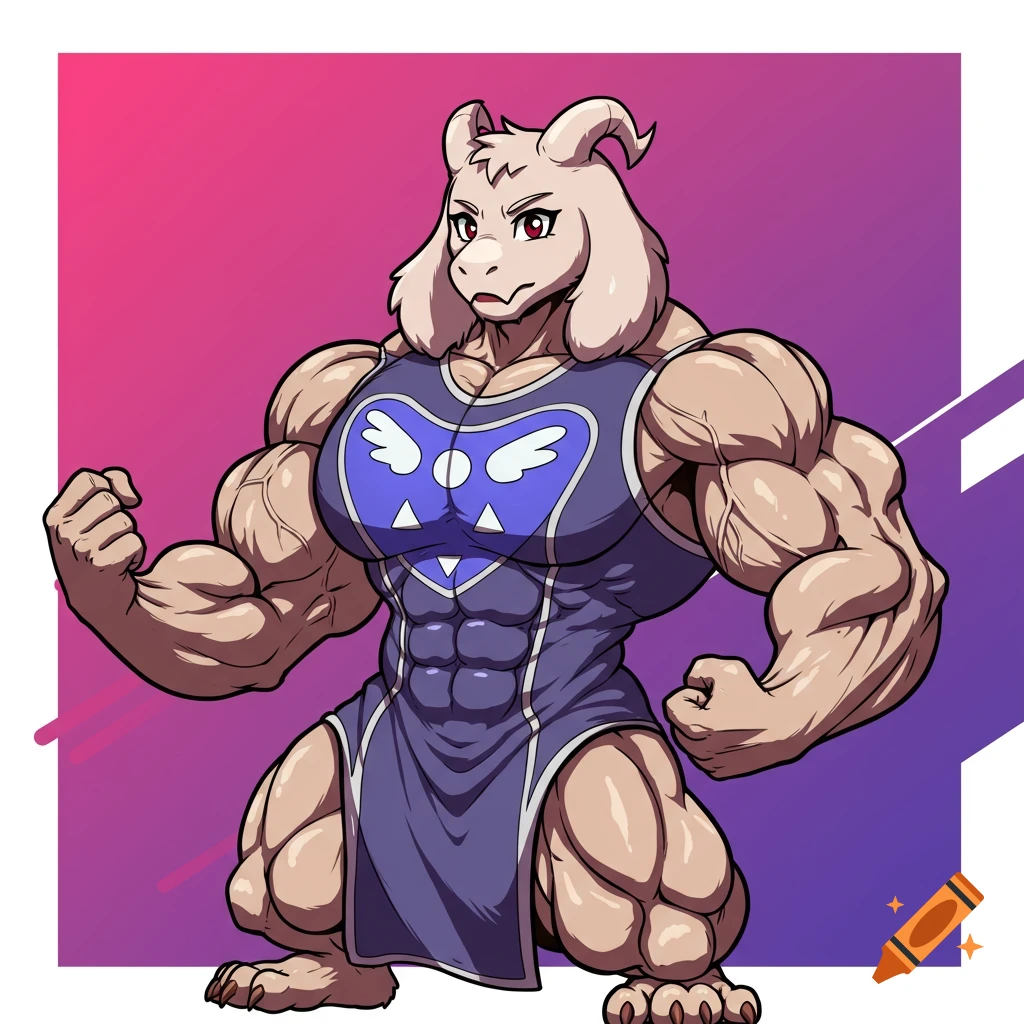 A muscular, anthropomorphic goat-like character in a purple and blue singlet, flexing on a pink and purple gradient background.