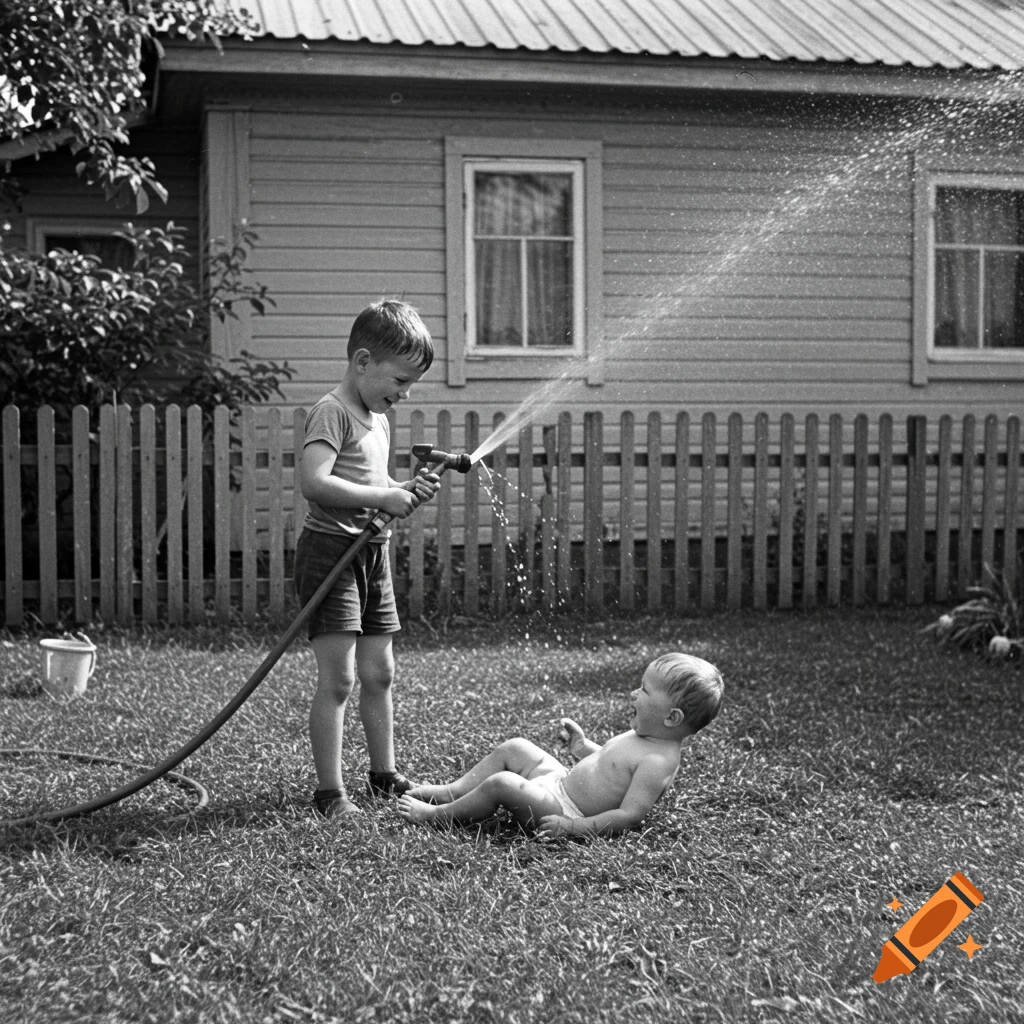Black and white 1950s photo of an older boy spraying a hose on a younger boy lying in the grass in a front yard.