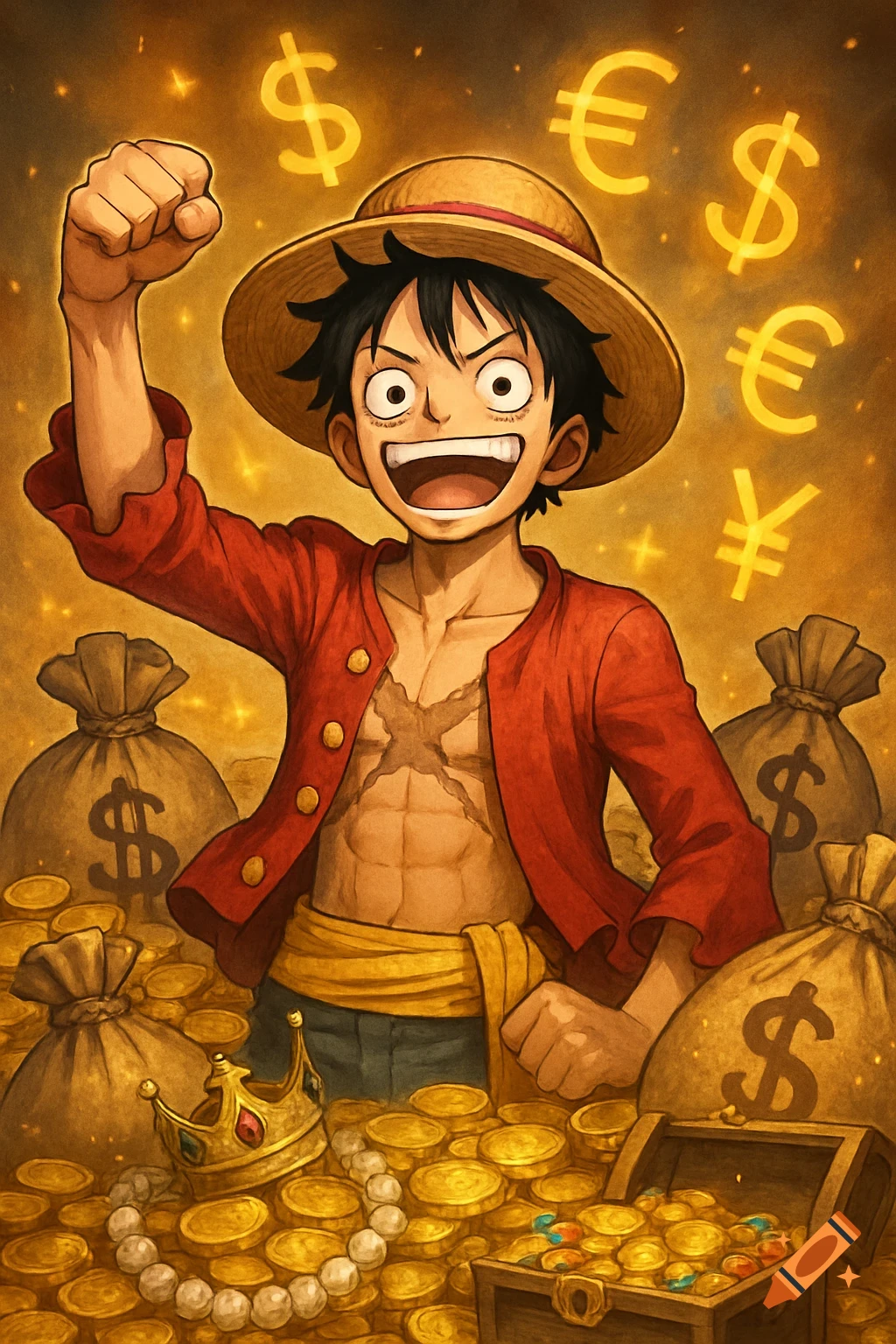 A happy Luffy from One Piece in a straw hat and red shirt, surrounded by gold coins, money bags, and floating currency symbols.