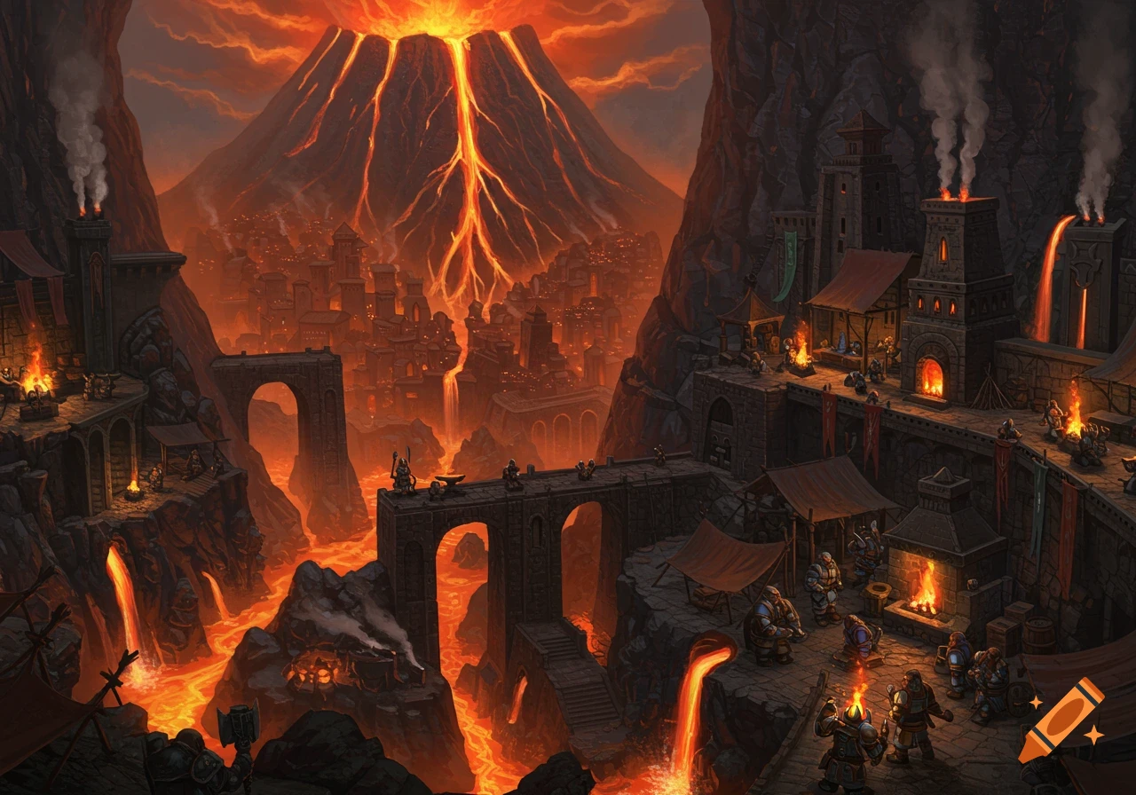 A fantasy dwarven city built into a fiery volcanic mountain with flowing lava rivers.