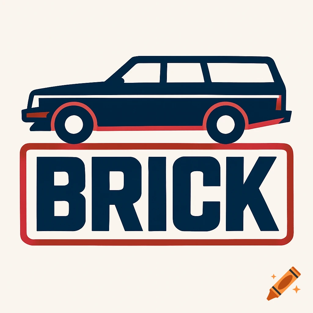A minimalist logo featuring a dark blue Volvo 240 wagon silhouette above the word 'BRICK' in a red-bordered white box.