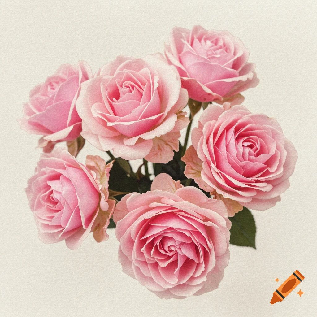 A close-up of a bouquet of pink vintage roses against a light textured background.