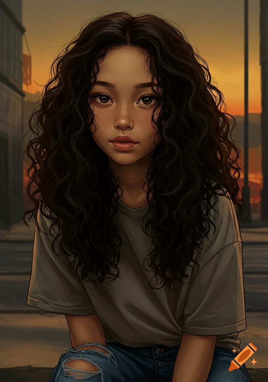 A stylized illustration of a girl with long curly dark hair and freckles, wearing a t-shirt and ripped jeans, in an urban setting at sunset.