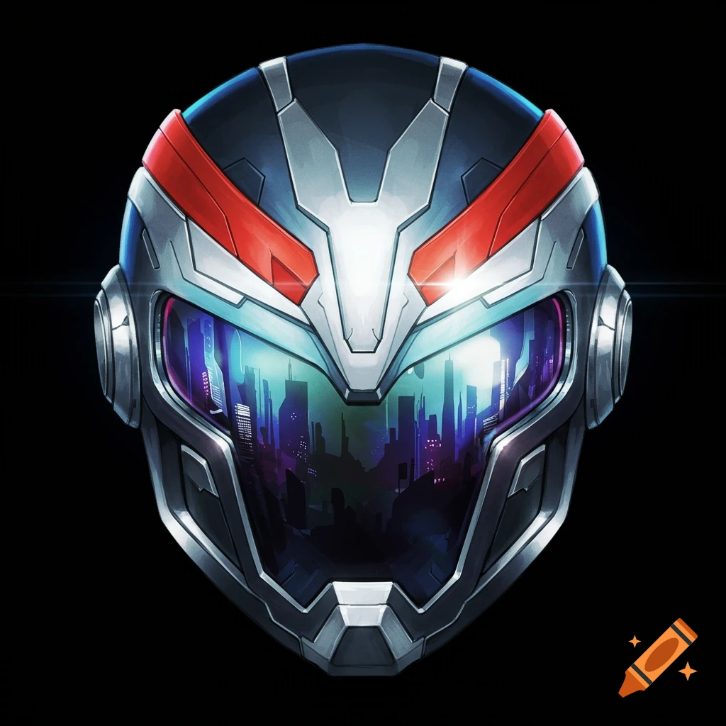 A sleek, metallic superhero helmet with red accents and a reflective blue-tinted visor showing a neon city skyline.
