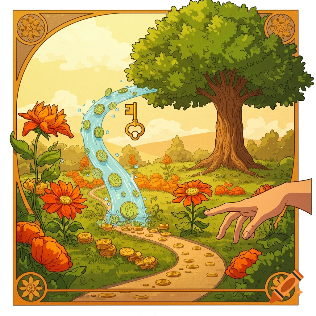 A colorful illustration depicts a hand reaching toward a winding path of coins, a tree, and a waterfall of money and keys in a lush landscape.