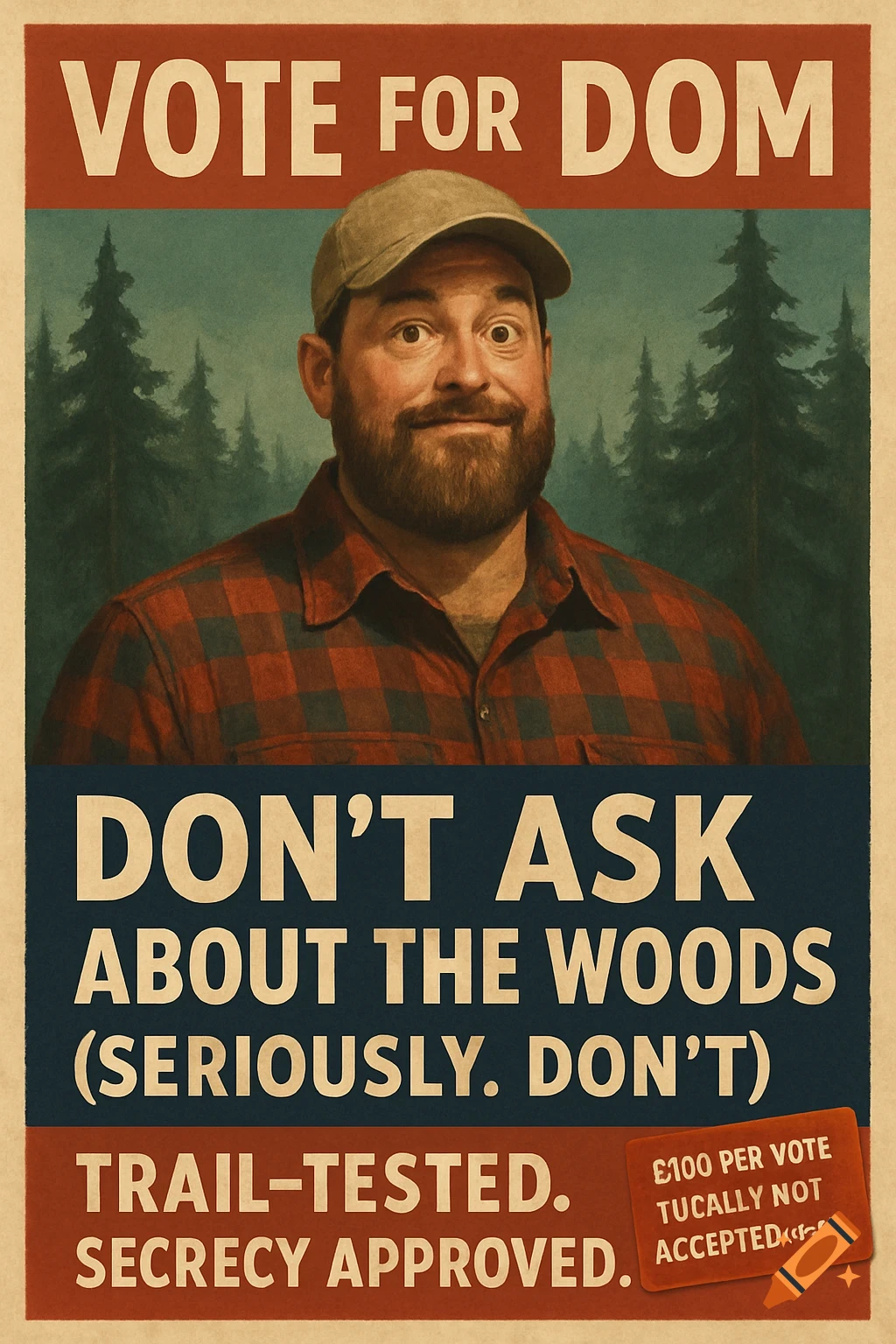 Vintage-style humorous poster: bearded man in plaid shirt against pine trees. Text: 'VOTE FOR DOM – DON ’T ASK ABOUT THE WOODS (SERIOUSLY, DON ’T)'