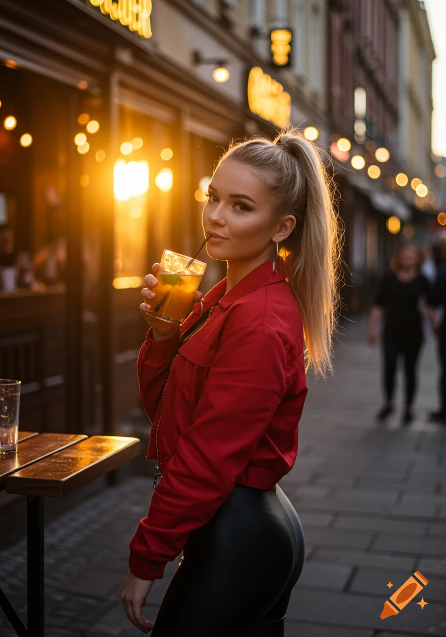 A young woman with a blonde ponytail and a red jacket sips a drink outside a bar at sunset.