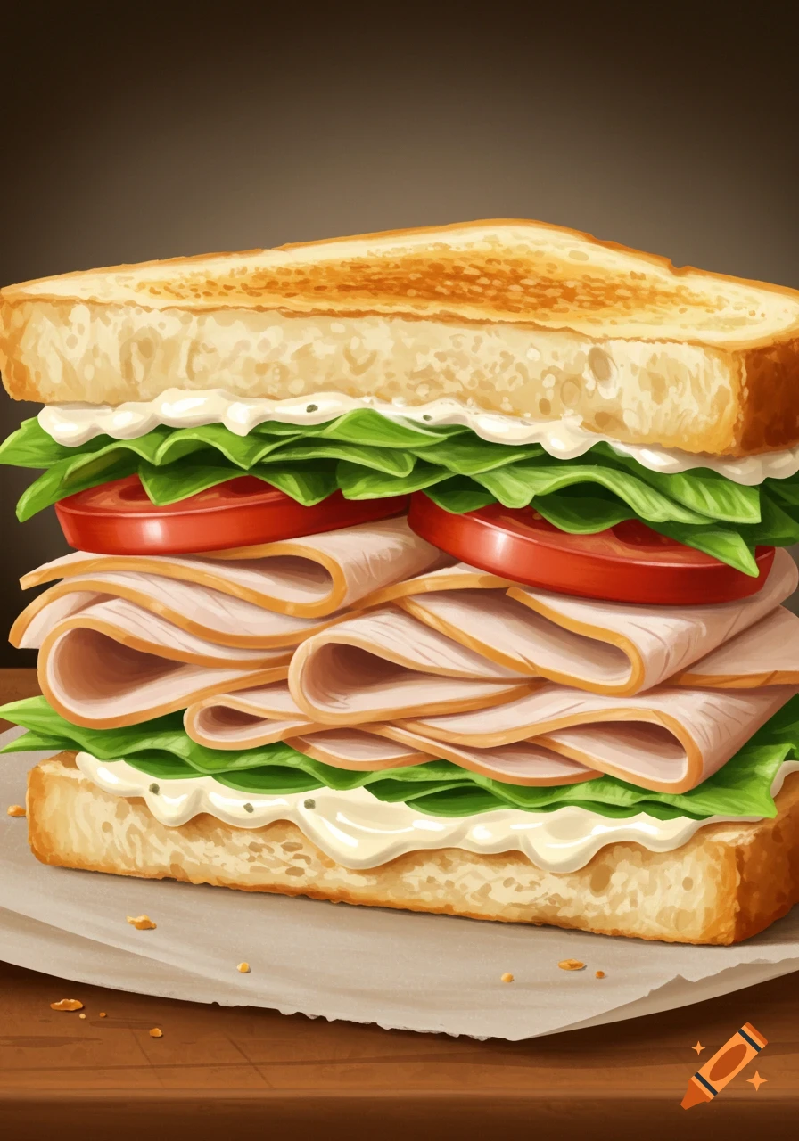 A close-up of a well-stacked sandwich with toasted bread, lettuce, tomato, mayonnaise, and turkey slices on paper.