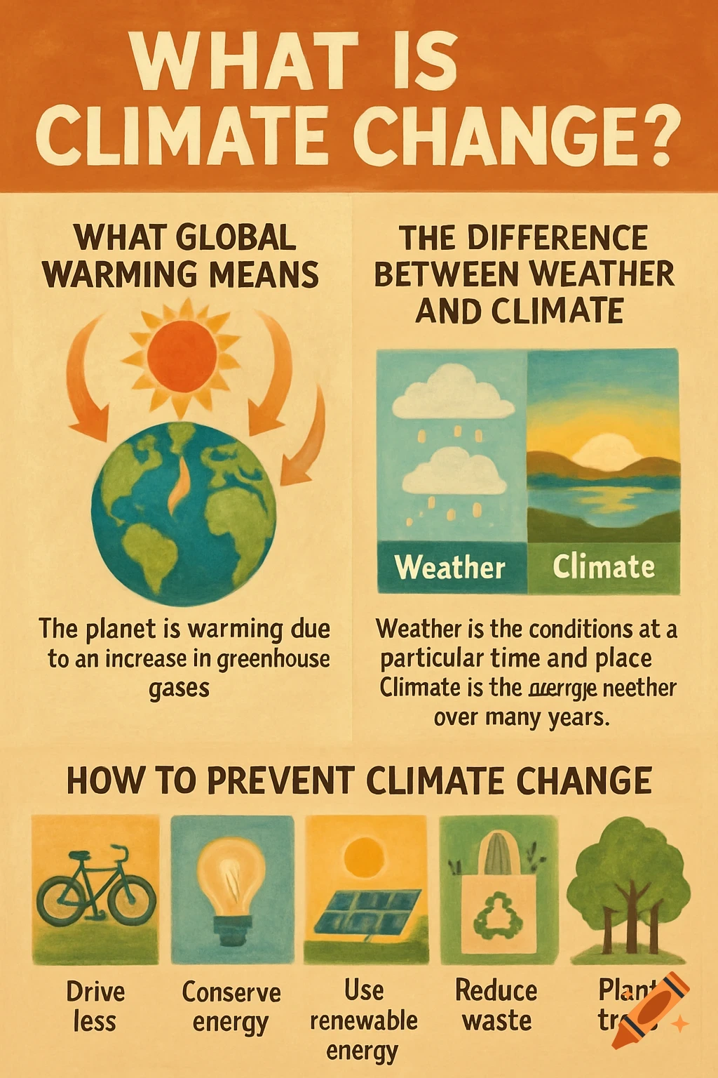 An educational poster titled 'What Is Climate Change?' explaining global warming, the difference between weather and climate, and ways to prevent climate change.