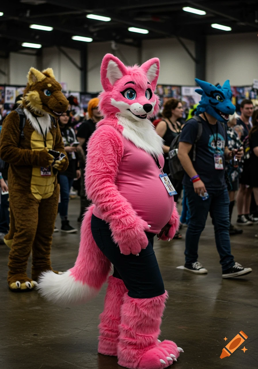 A person in a pink fox fursuit with a large fake belly walks through a crowded convention hall, with other fursuiters and attendees in the background.