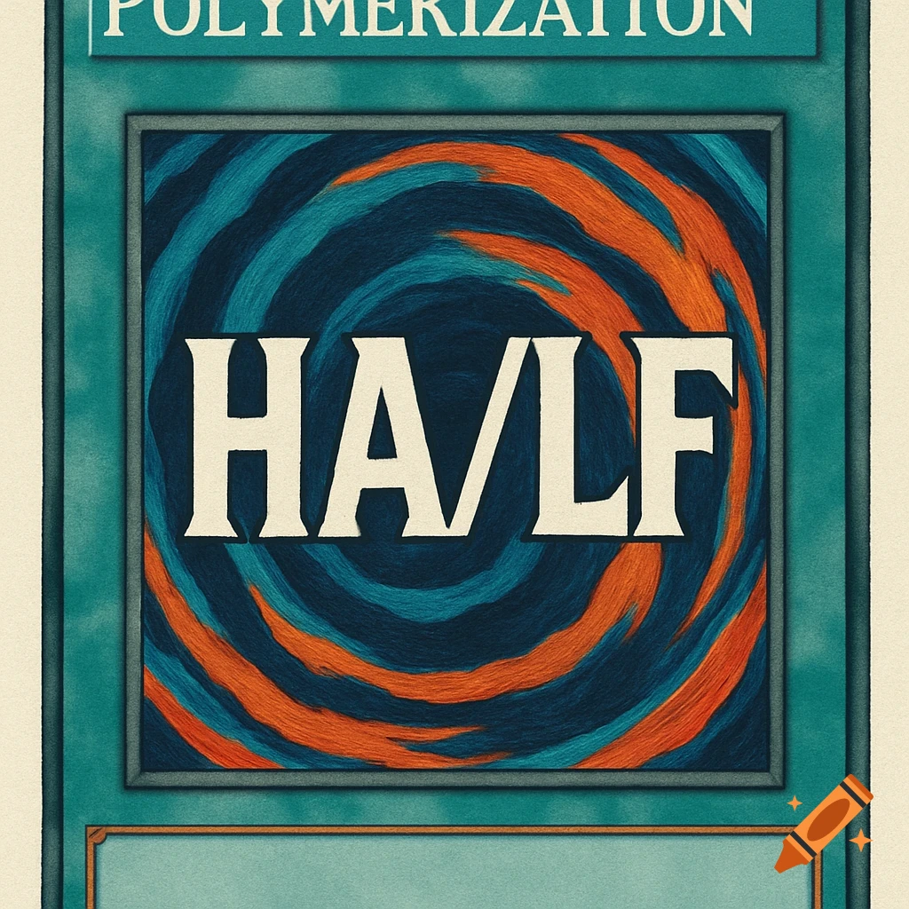A green card resembling a Yu-Gi-Oh! 'Polymerization' card, with the text 'HA/LF' in the center over a swirling orange and blue pattern.