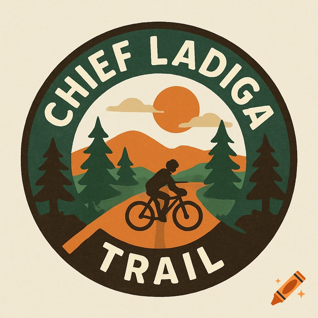 Retro-style circular logo for Chief Ladiga Trail with a cyclist on a path, trees, and mountains.
