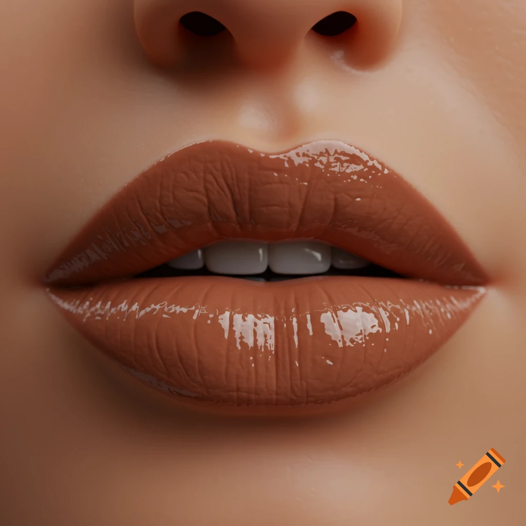 Close-up, photorealistic image of glossy brown lips slightly parted with a hint of teeth.