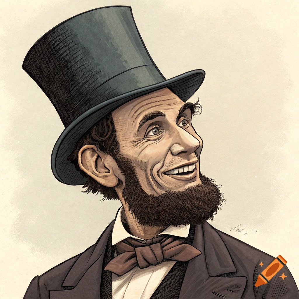 Caricature of Abraham Lincoln wearing a top hat and a brown bow tie, smiling and looking up.