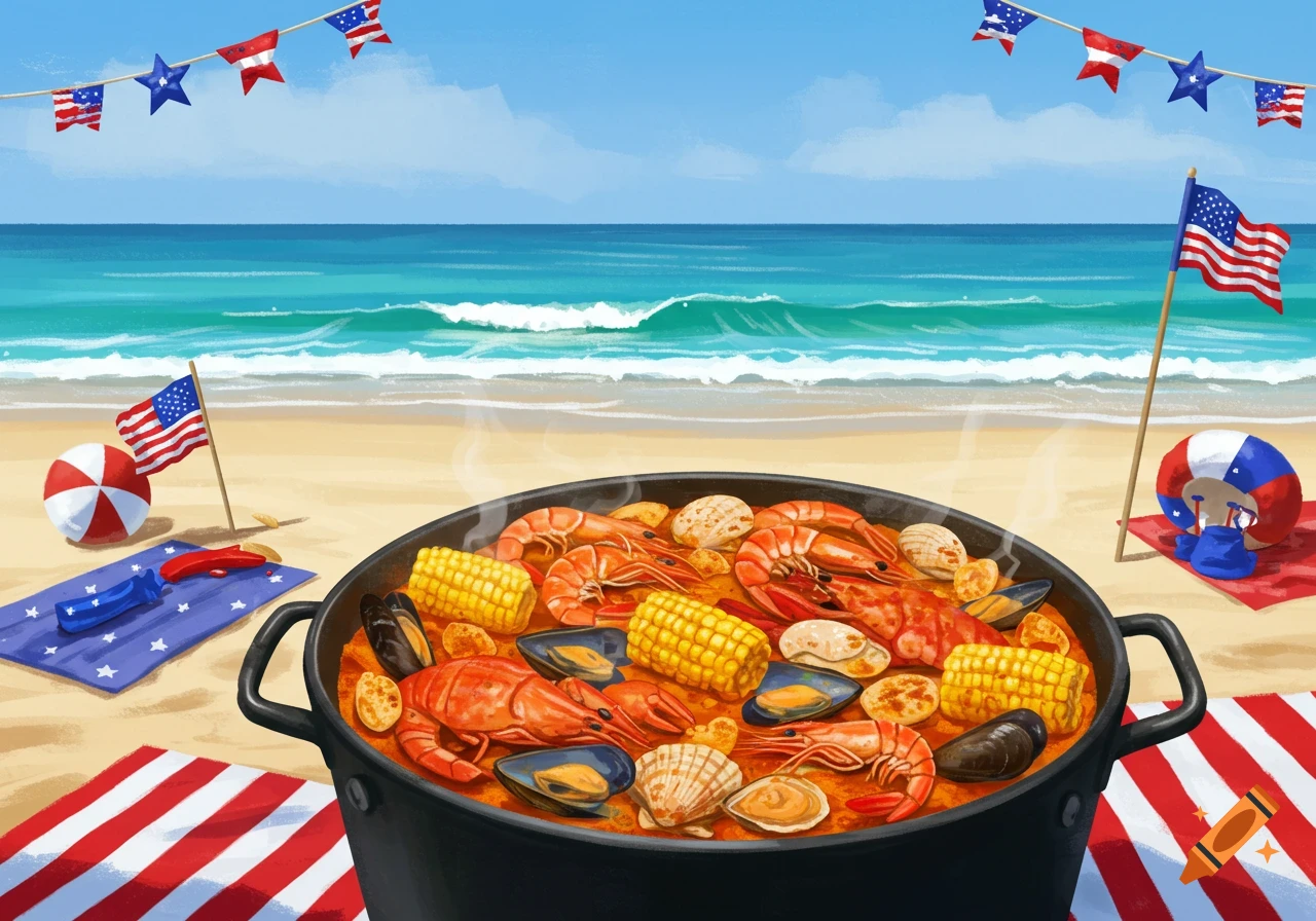 A large pot of seafood boil with lobster, shrimp, mussels, clams, and corn on the cob sits on a sandy beach with patriotic flags and bunting under a clear blue sky.