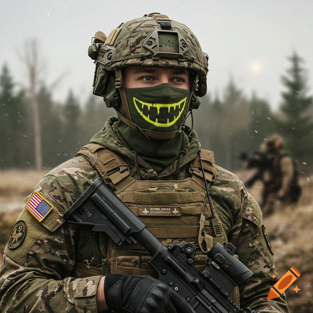 A photorealistic image of a soldier in camouflage gear and helmet, wearing a green face mask with a yellow smile, holding a rifle.