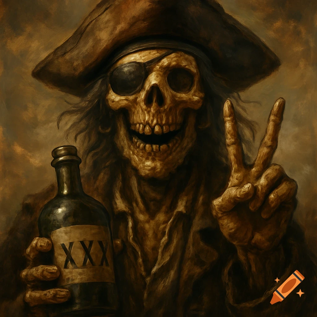 A painted portrait of a grinning skeletal pirate with an eyepatch, holding a bottle marked 'XXX' and making a peace sign.