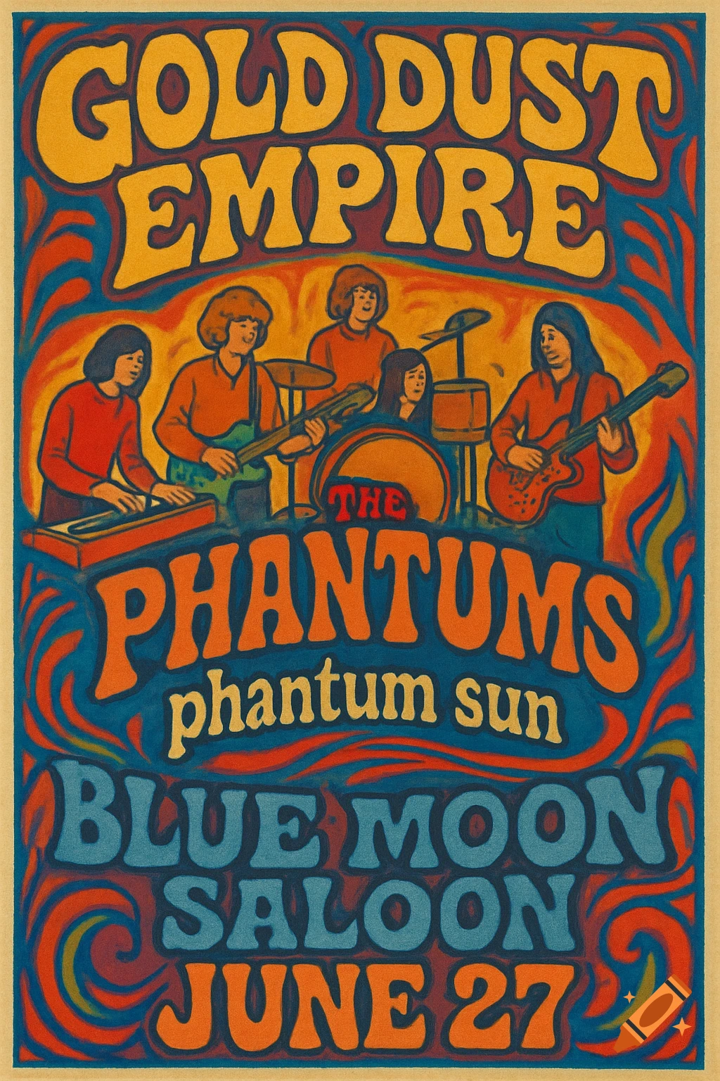A colorful 1960s psychedelic concert poster featuring a band of five musicians and text for 'Gold Dust Empire' and 'The Phantums' performing at 'Blue Moon Saloon' on 'June 27'.