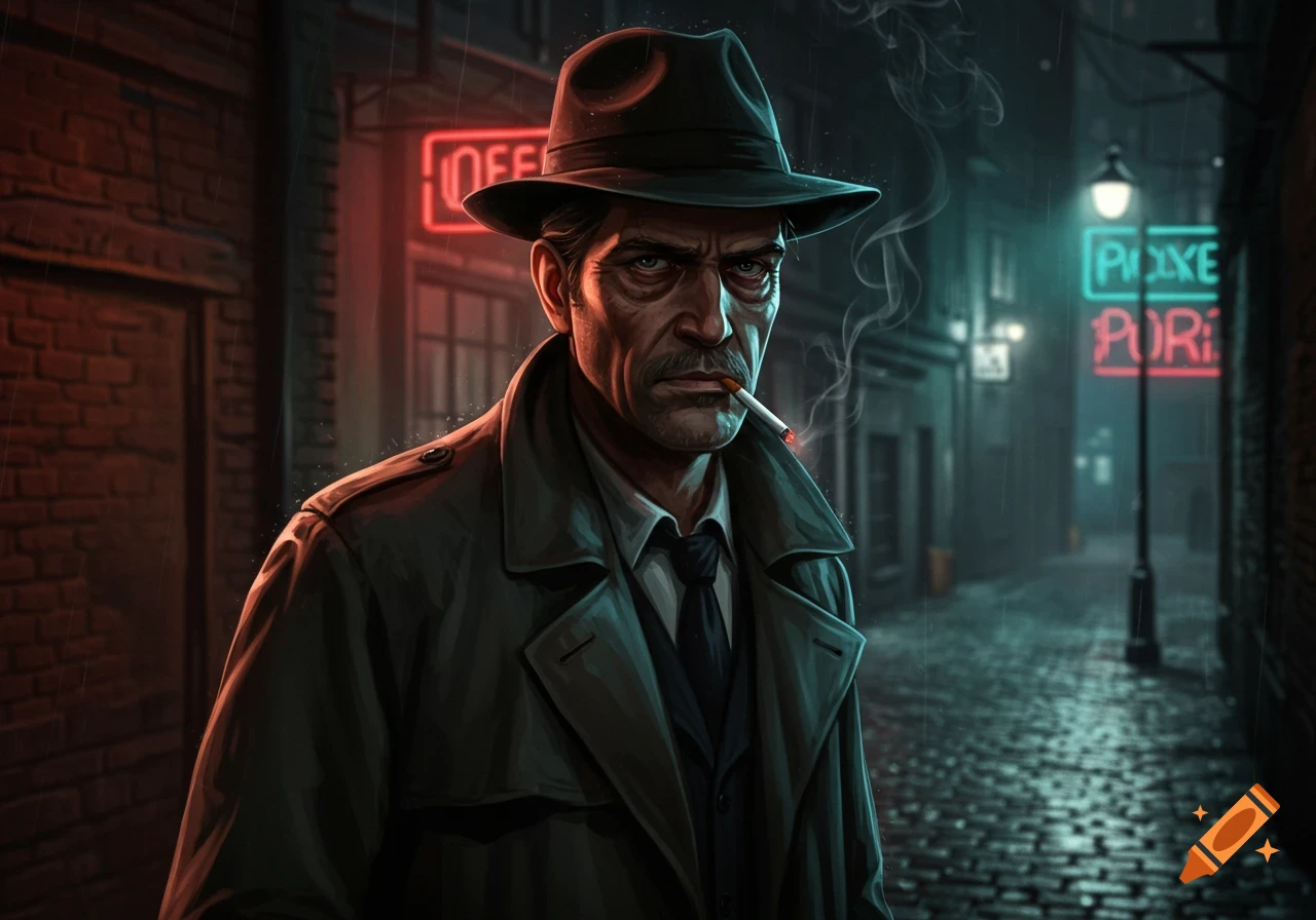 A grim detective in a trench coat and fedora smokes a cigarette on a rainy, neon-lit city street at night in a noir art style.