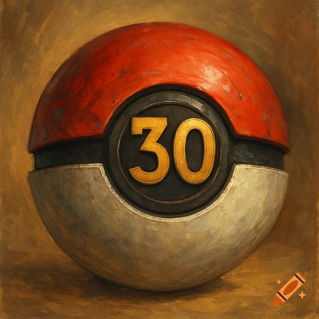 A stylized Pokeball, red and white, with the golden number '30' on its central black band.