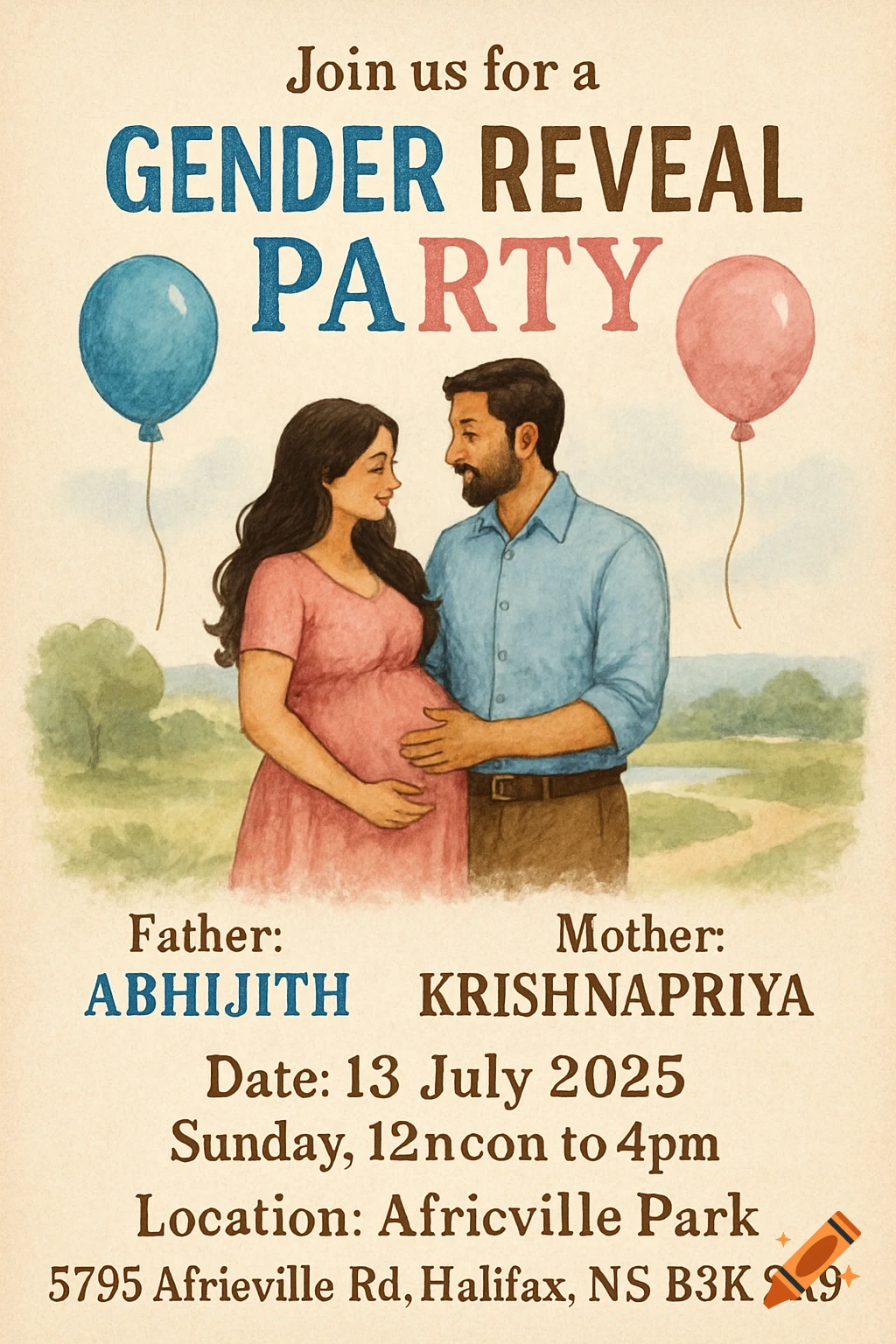 Watercolor illustration of a pregnant couple with blue and pink balloons, advertising a gender reveal party with date and location details.