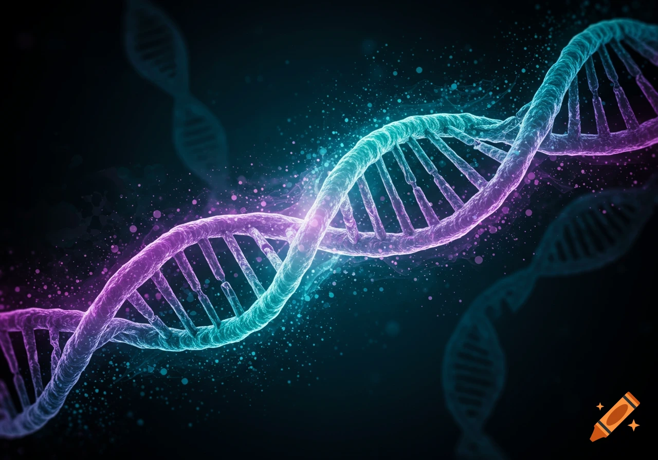 A vibrant, glowing double helix DNA strand in shades of blue and purple, surrounded by sparkling particles against a dark background.