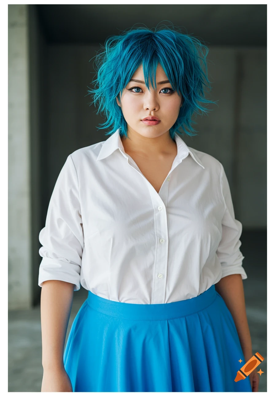 A photorealistic portrait of a Japanese woman with short blue hair and blue eyes, wearing a white button-up shirt and a blue skirt.