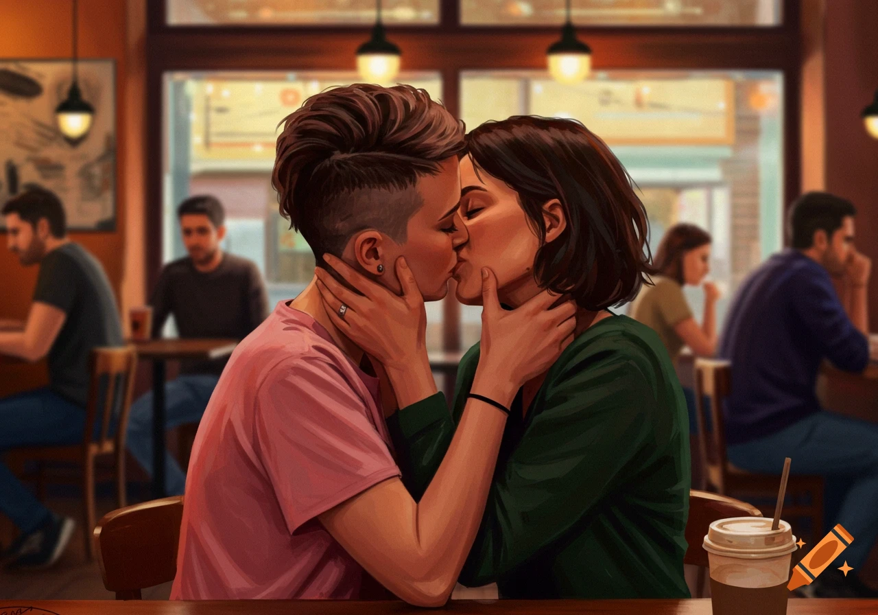 Two women share a tender kiss at a table in a bustling coffee shop, digital painting.