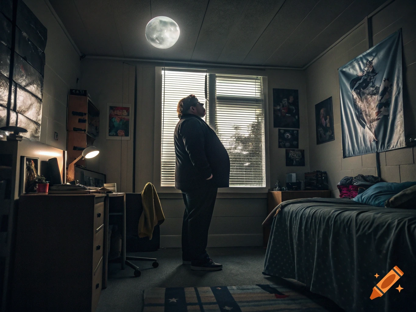 A person with a large belly stands in a dark dorm room, looking up at a bright moon visible through the ceiling.