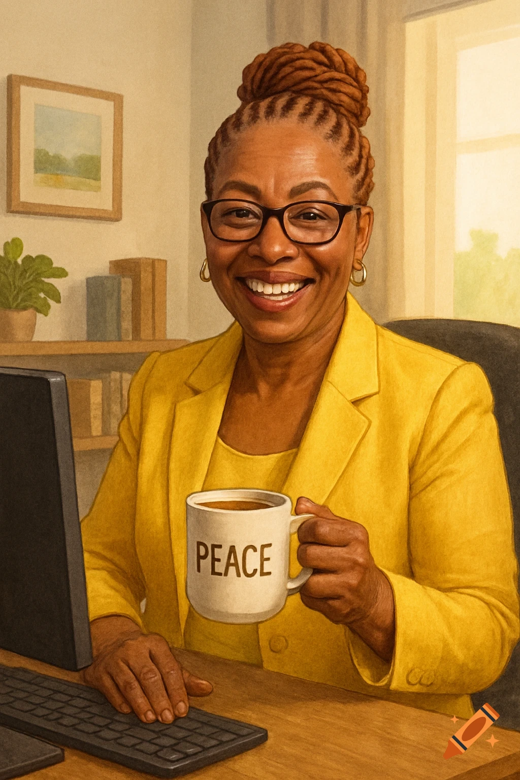 A smiling African American woman in a yellow suit with copper locs sits at a desk with a computer, holding a coffee mug that says 'PEACE'.