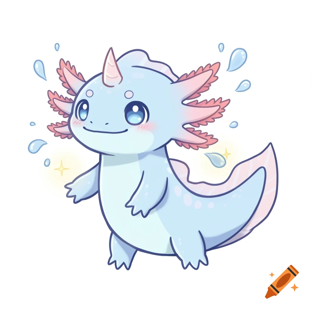 A cute light blue cartoon axolotl with pink gills and a unicorn horn, with water splashes around it.