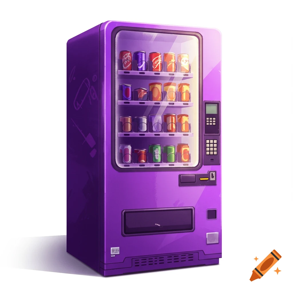 A bright purple vending machine filled with colorful soda cans.