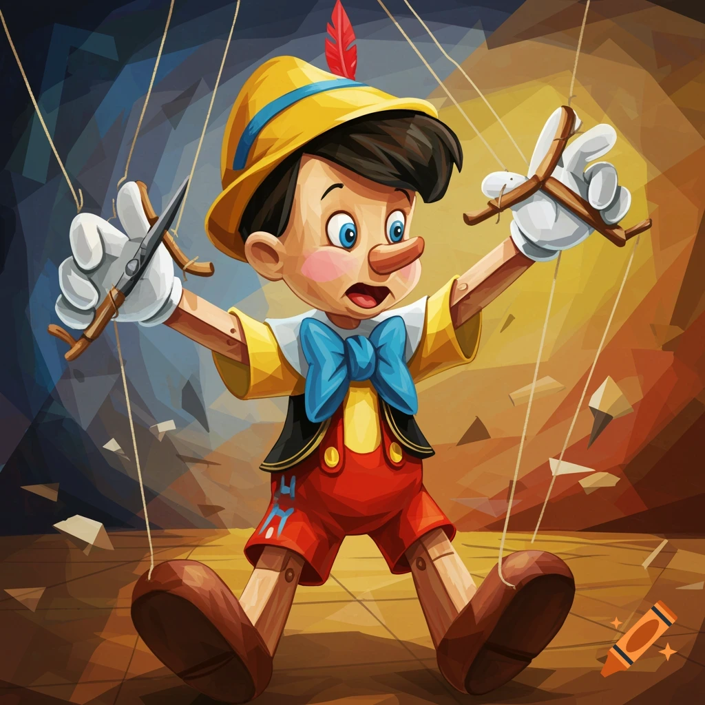 Pinocchio puppet in cubist style, holding scissors and cut strings, against a geometric background.