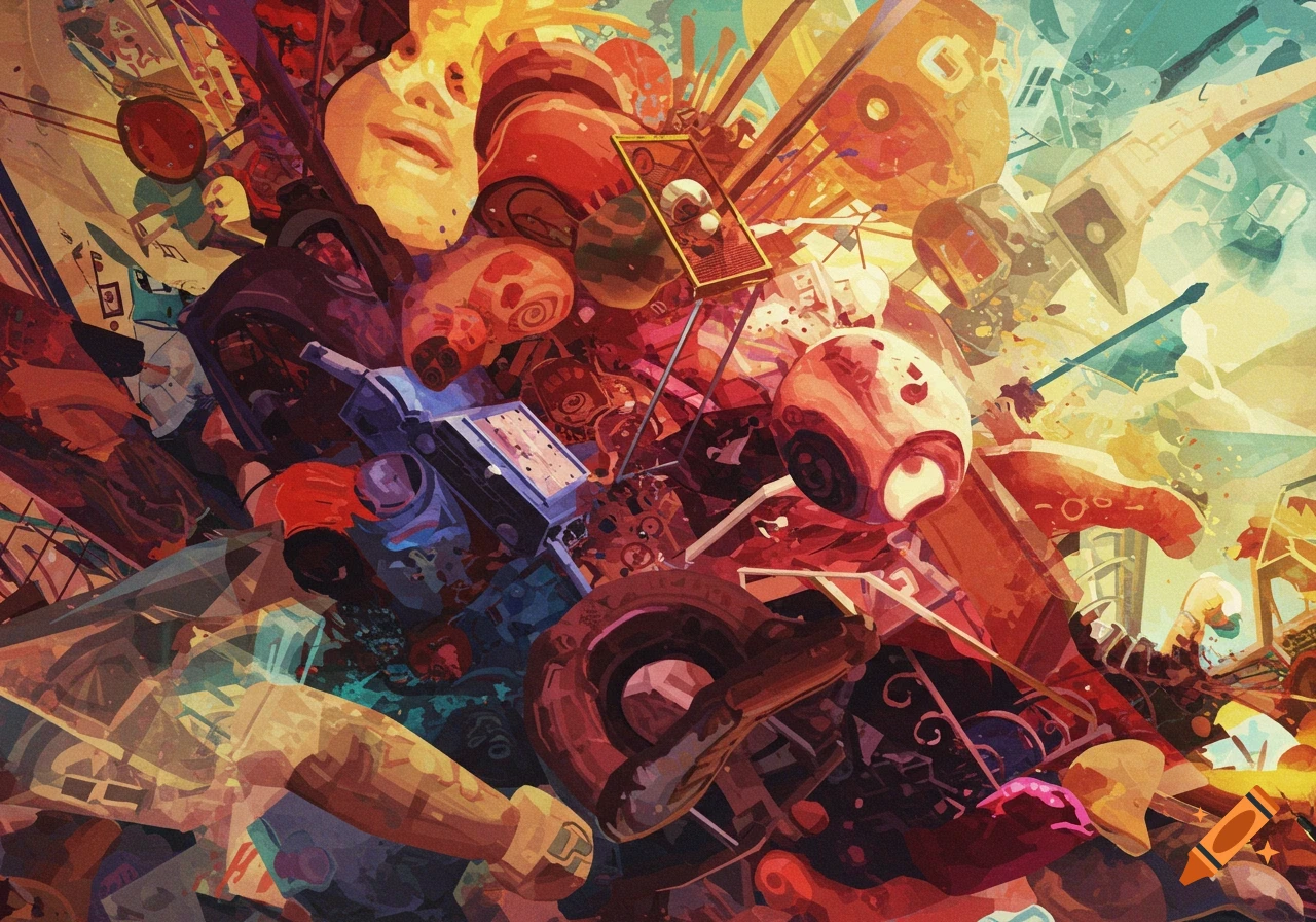 A vibrant, abstract digital art piece depicting a chaotic and jumbled mess of fragmented objects and shapes in warm and cool tones.