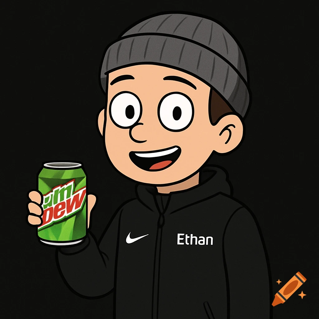 A cartoon character named Ethan wearing a grey beanie and black Nike jacket, holding a can of Mountain Dew.