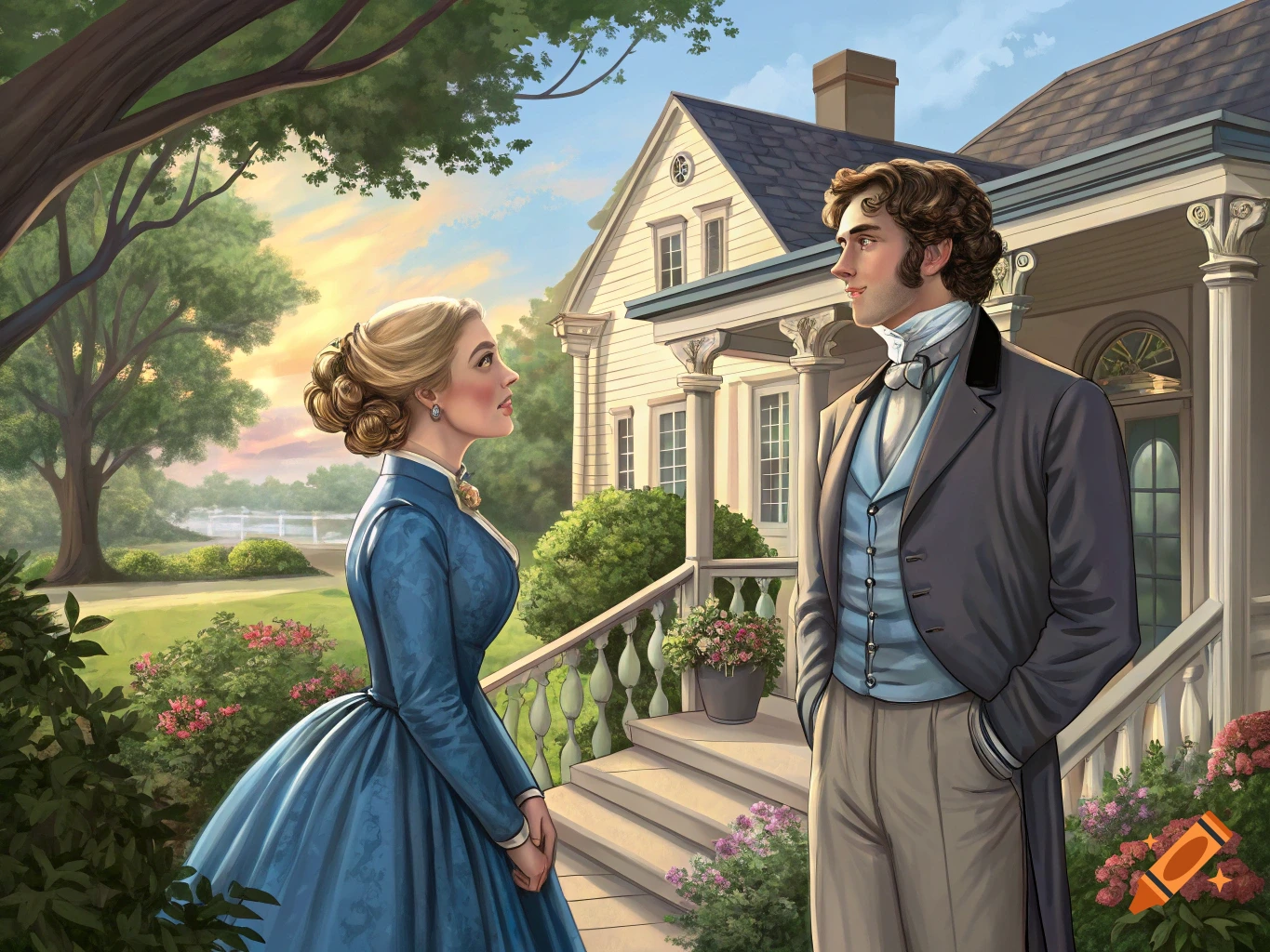 A woman in a blue dress and a man in a suit stand on the porch of a historic house, conversing.