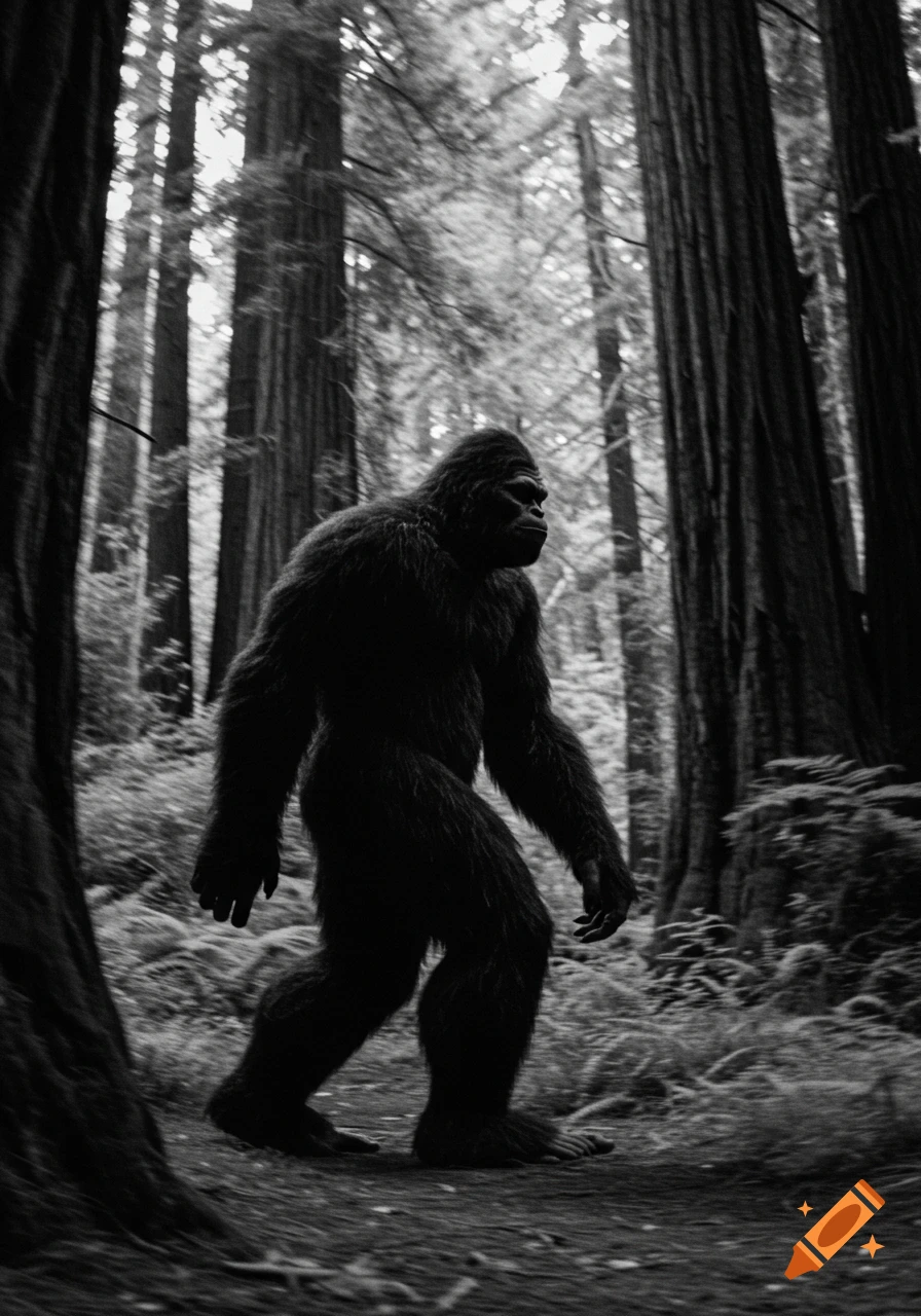 A black and white image of Bigfoot walking through a dense forest.