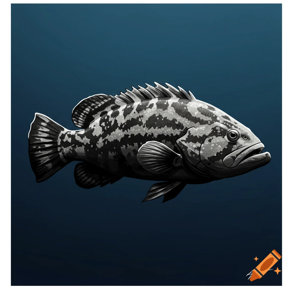 A detailed black and white illustration of a grouper fish swimming against a dark blue background.