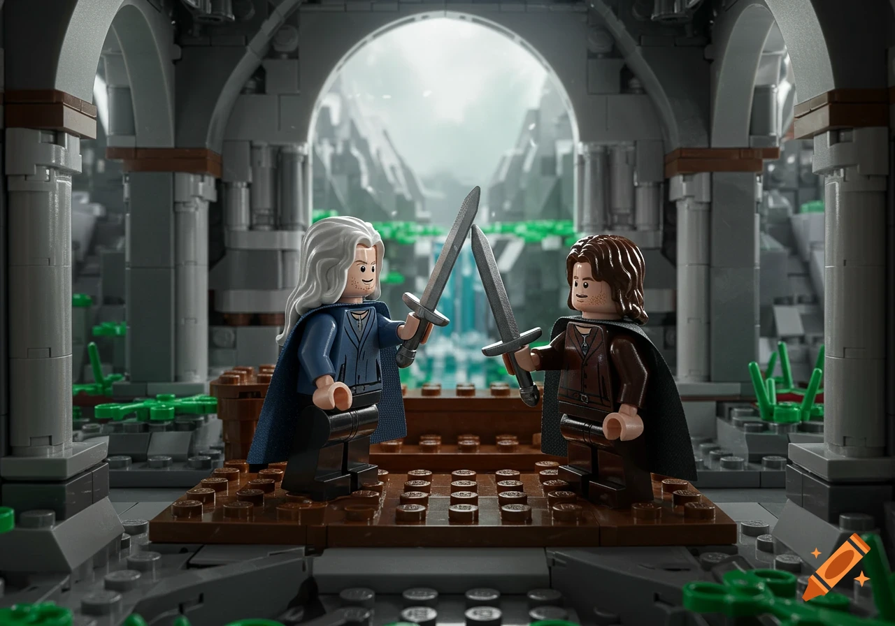 Lego minifigures of Aragorn and Elrond crossing swords in a stone castle, surrounded by green Lego plants, in a photorealistic style.