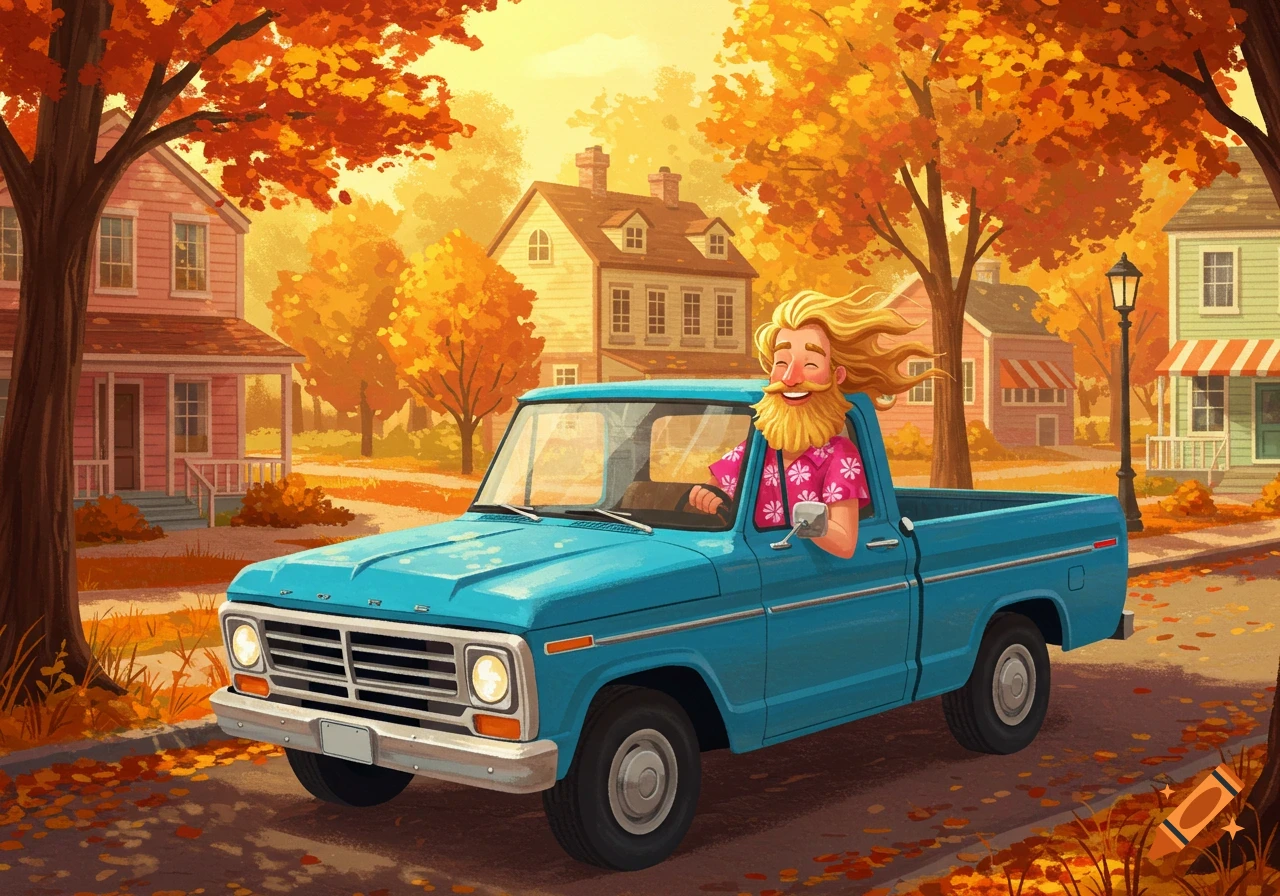 A smiling man with long blonde hair and a beard, wearing a pink Hawaiian shirt, drives a blue pickup truck through a vibrant autumn town.