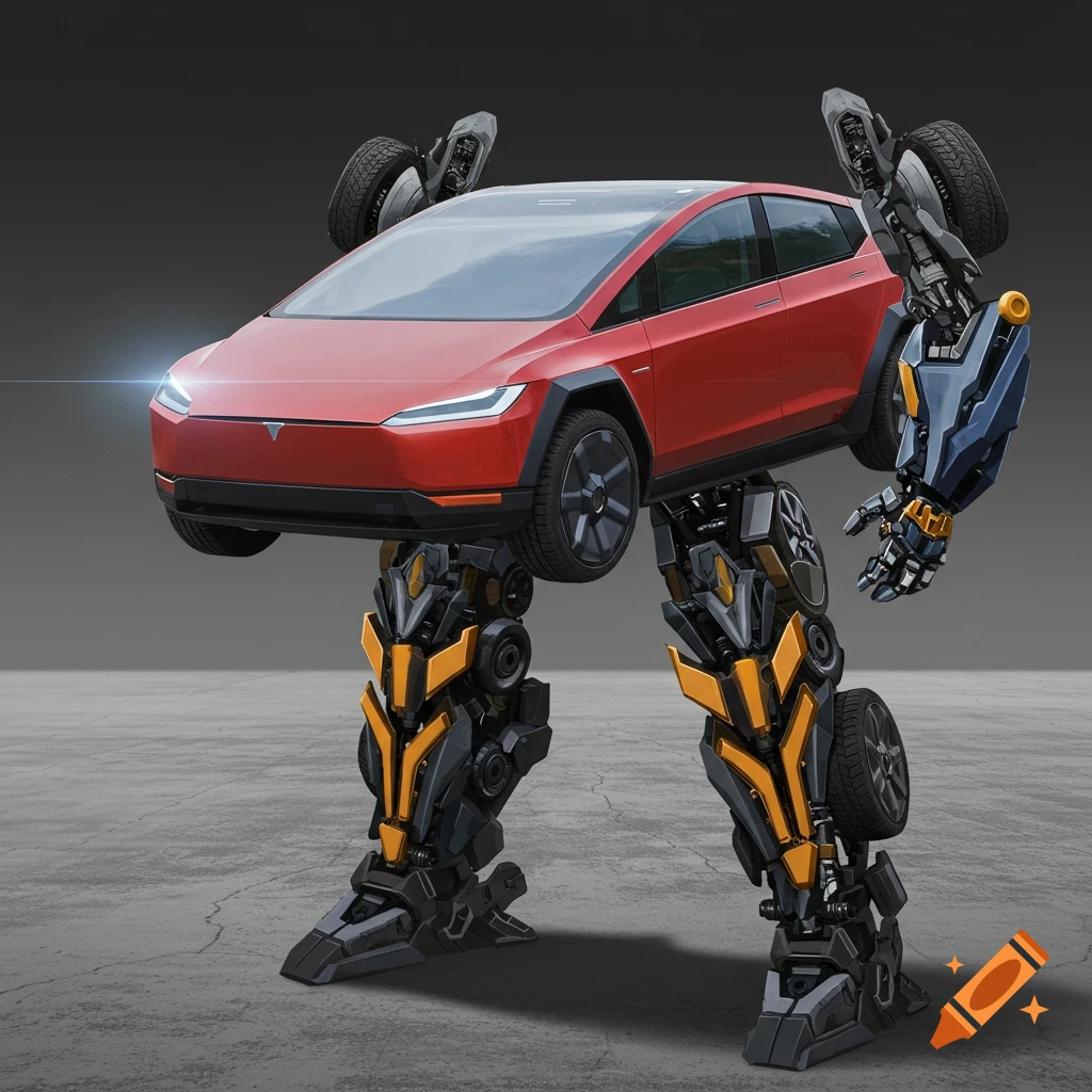 A red Tesla car stands upright, transformed into a robot with mechanical legs and arms, on a concrete ground.
