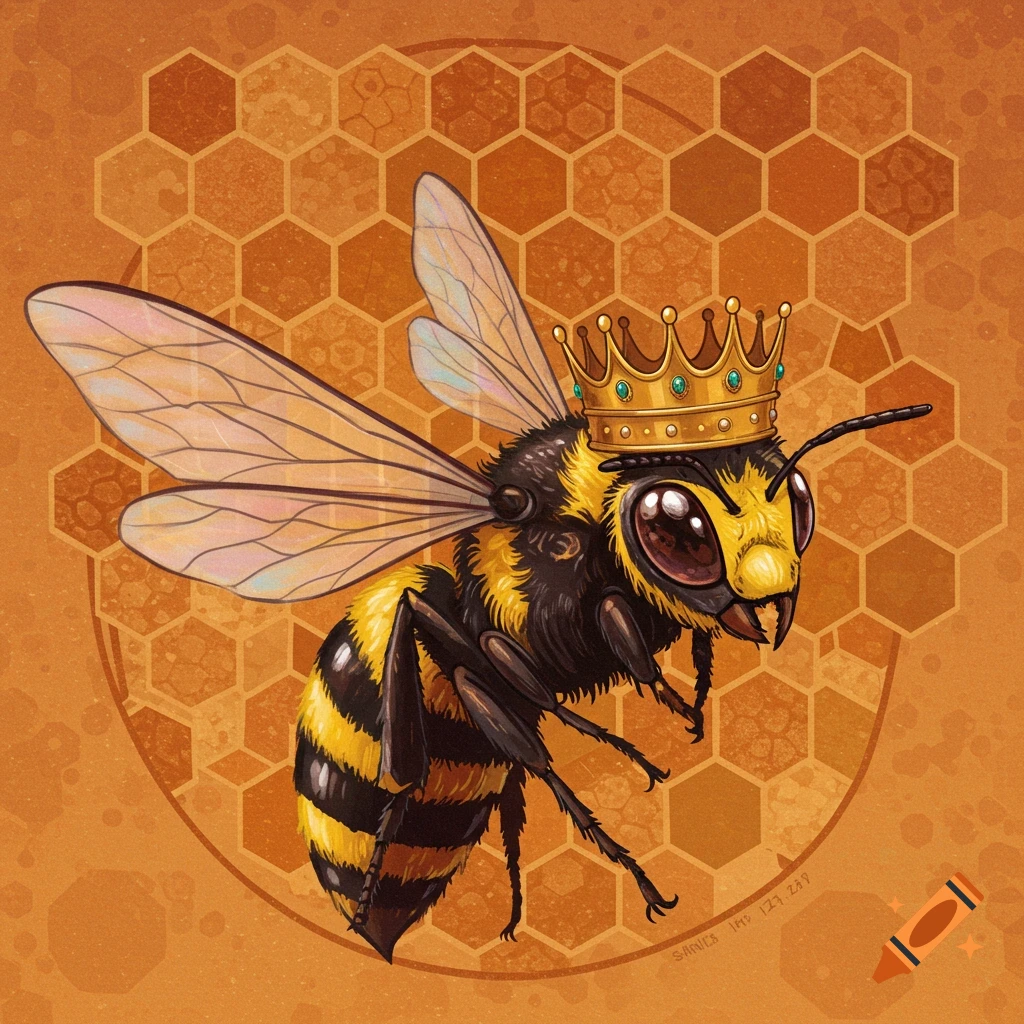 An illustration of a queen bee wearing a golden crown with green jewels, set against a honeycomb pattern background.