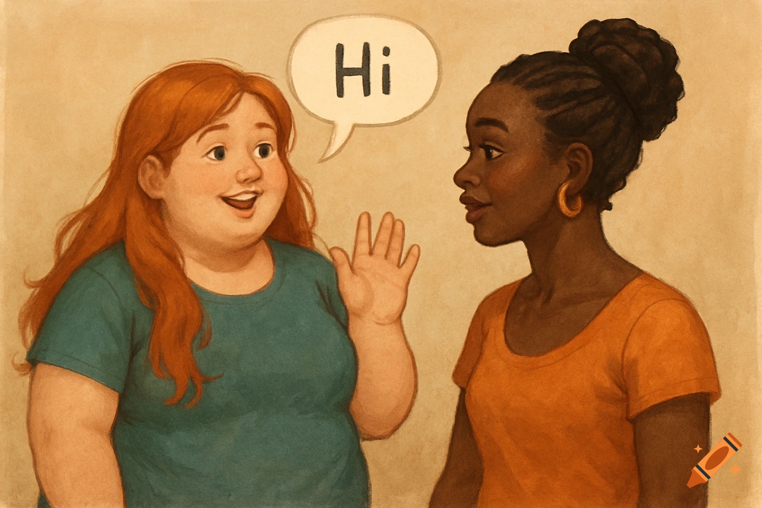 An illustration of a red-haired woman waving with a speech bubble saying 'Hi' to an African woman with braided hair.