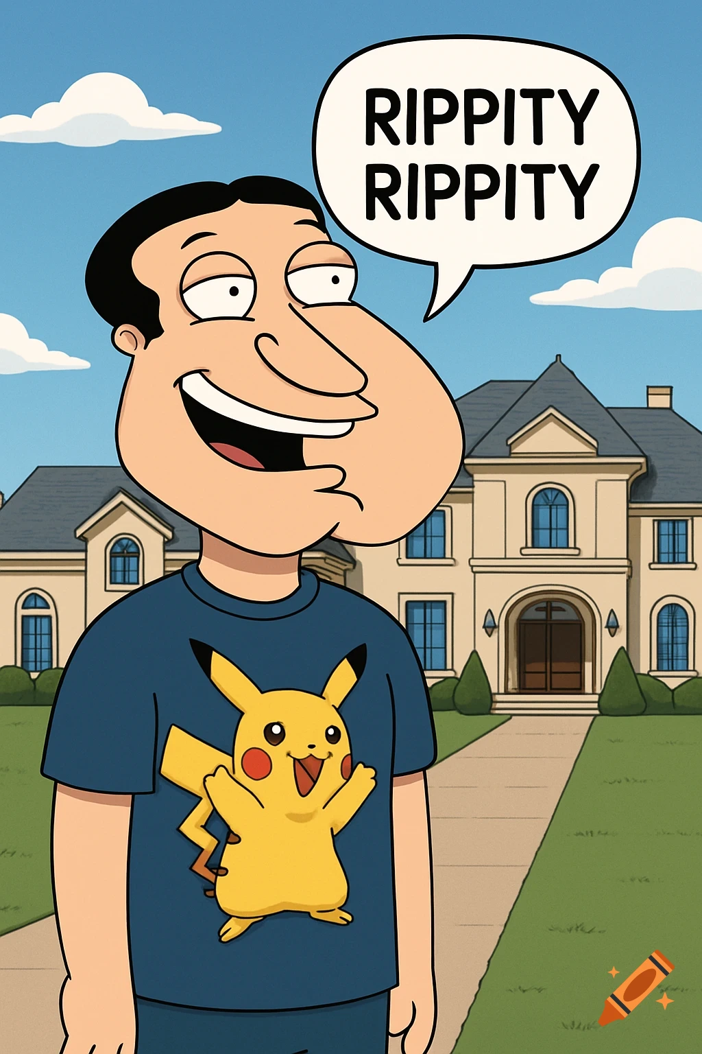 Cartoon character Quagmire wearing a Pikachu t-shirt in front of a mansion, with a speech bubble saying 'RIPPITY RIPPITY'.