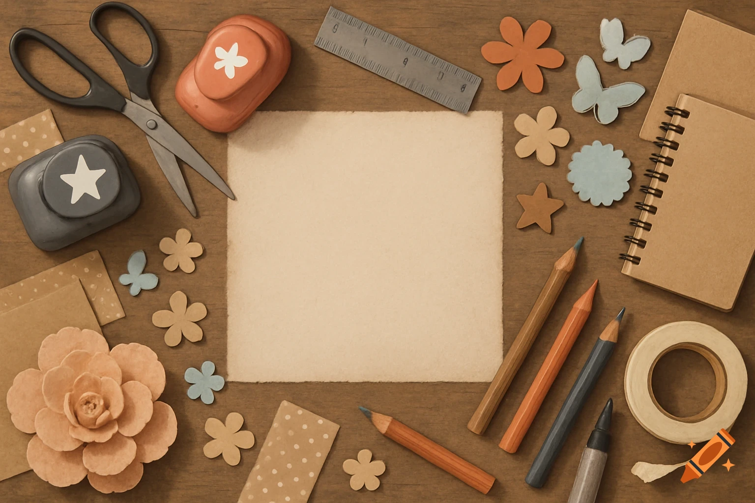 Top-down view of scrapbooking tools including scissors, paper punches, paper cutouts, pencils, and a notebook, surrounding a blank paper center on a wooden table.