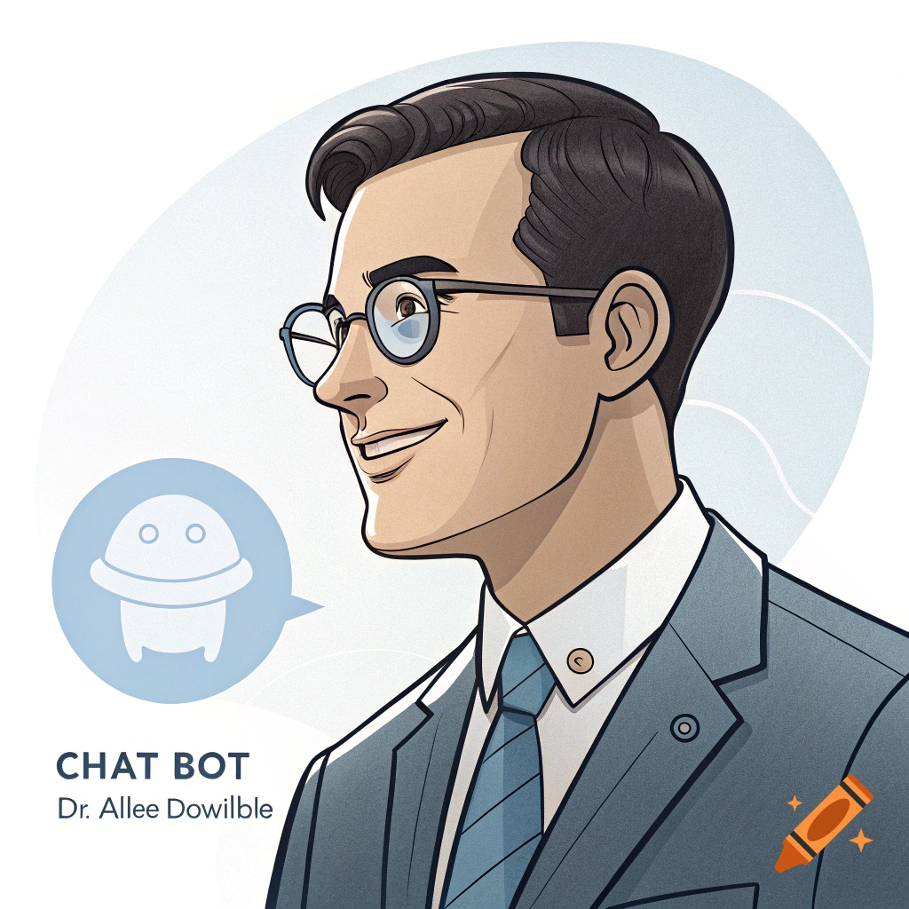 Illustration of a man in a suit and glasses, with a chatbot icon and text 'CHAT BOT Dr. Allee Dowilble'.