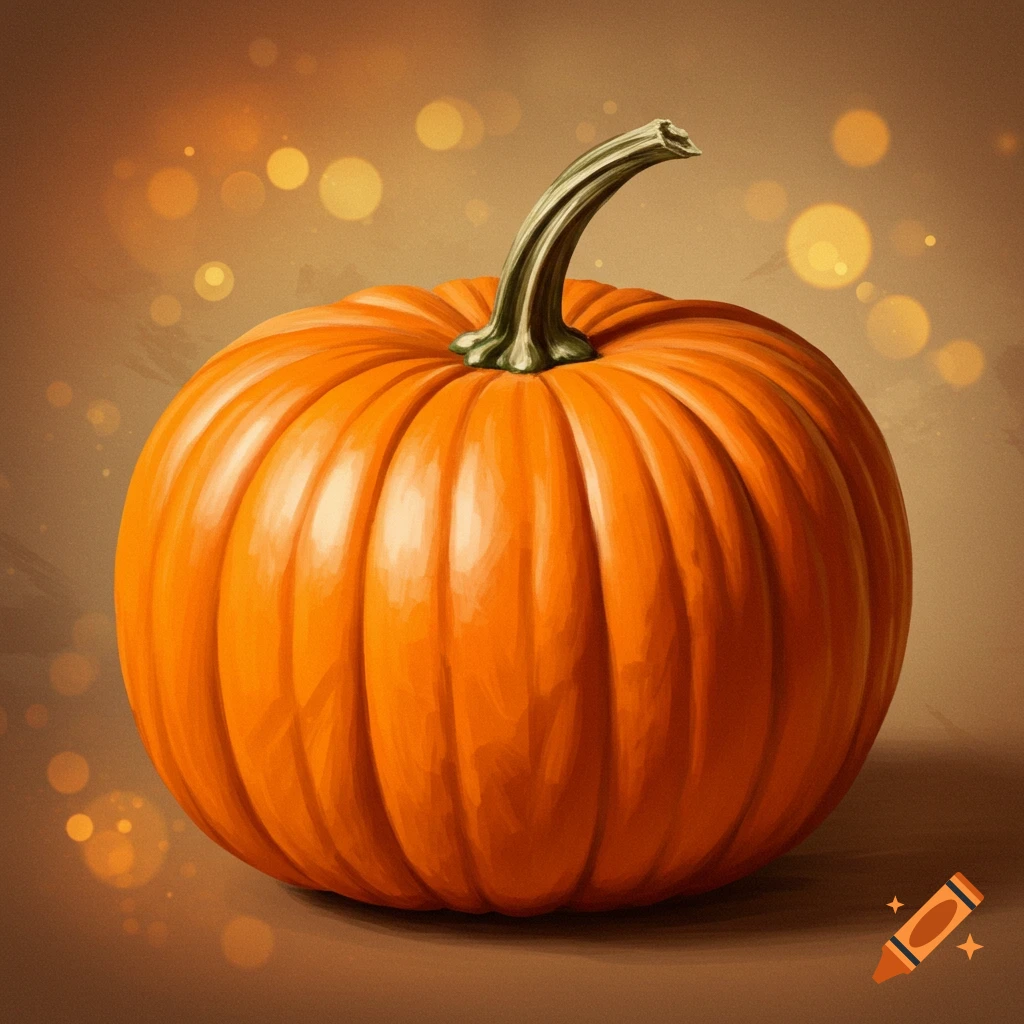 A single orange pumpkin with a green stem on a warm, blurry background with bokeh lights.