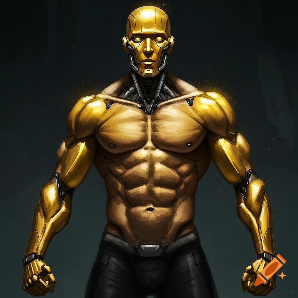 A golden cyborg with a muscular, metallic body and a stylized, featureless face, standing against a dark background.